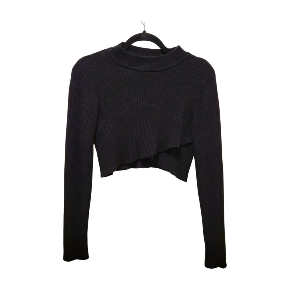 Joie Black Rib Knit Crop Top Overlap Front Long Sleeve Crew Neck Size L - Picture 3 of 8